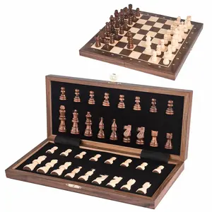 12 Inch Magnetic Handmade Wooden International Chess Set, Extra Two Queens, Foldable Board Game, Portable Travel Chess Set, Educational Gift