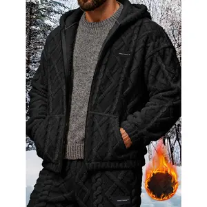 Men's diamond embossed lamb wool hooded jacket Large loose and thick coral fleece warm jacket American style trendy 3D textured plush hooded cotton jacket