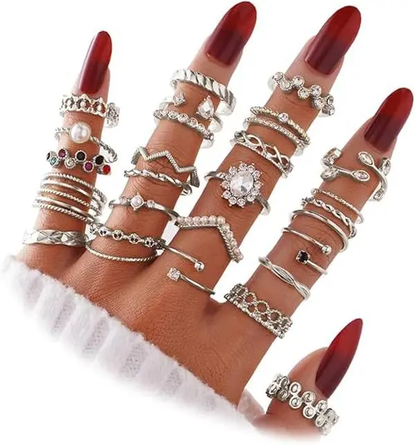 Silver Knuckle Rings Set for Women, Vintage Stackable Midi Rings, Dainty CZ Crystal Twist Rings, Hollow Finger Jewelry, Cute Everyday Accessories & Gift Set