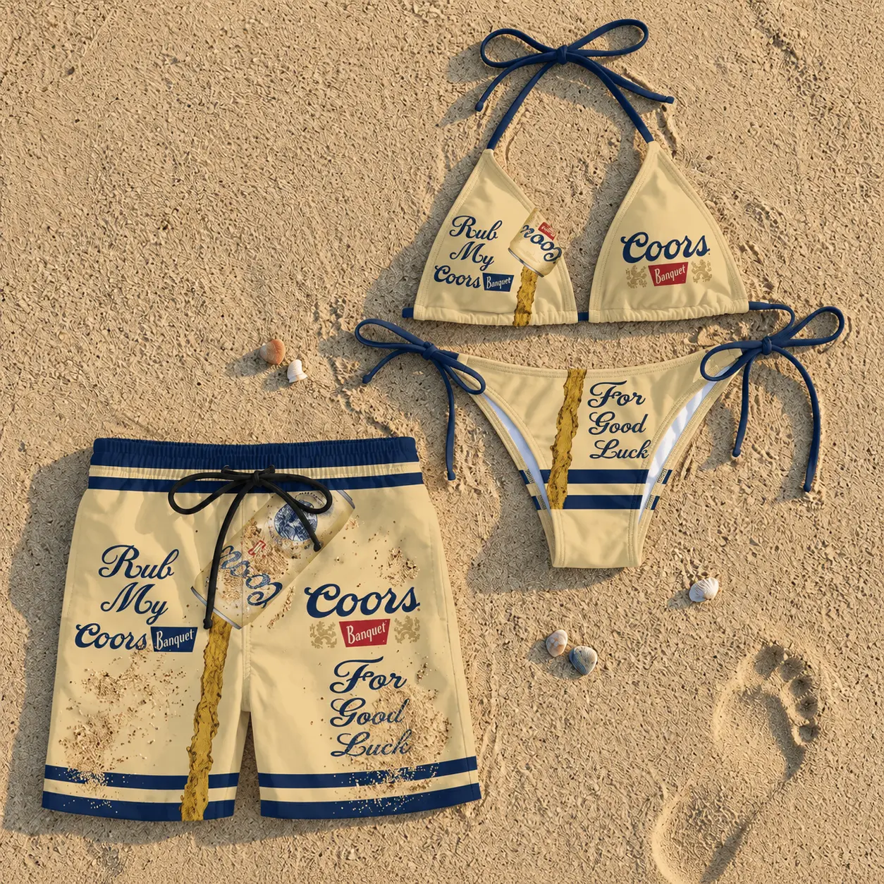 C00rs Banquet Couple Swimwear Set, Soft Cream Beige Bikini & Men's Beach Shorts, Elegant Summer Beach Outfit