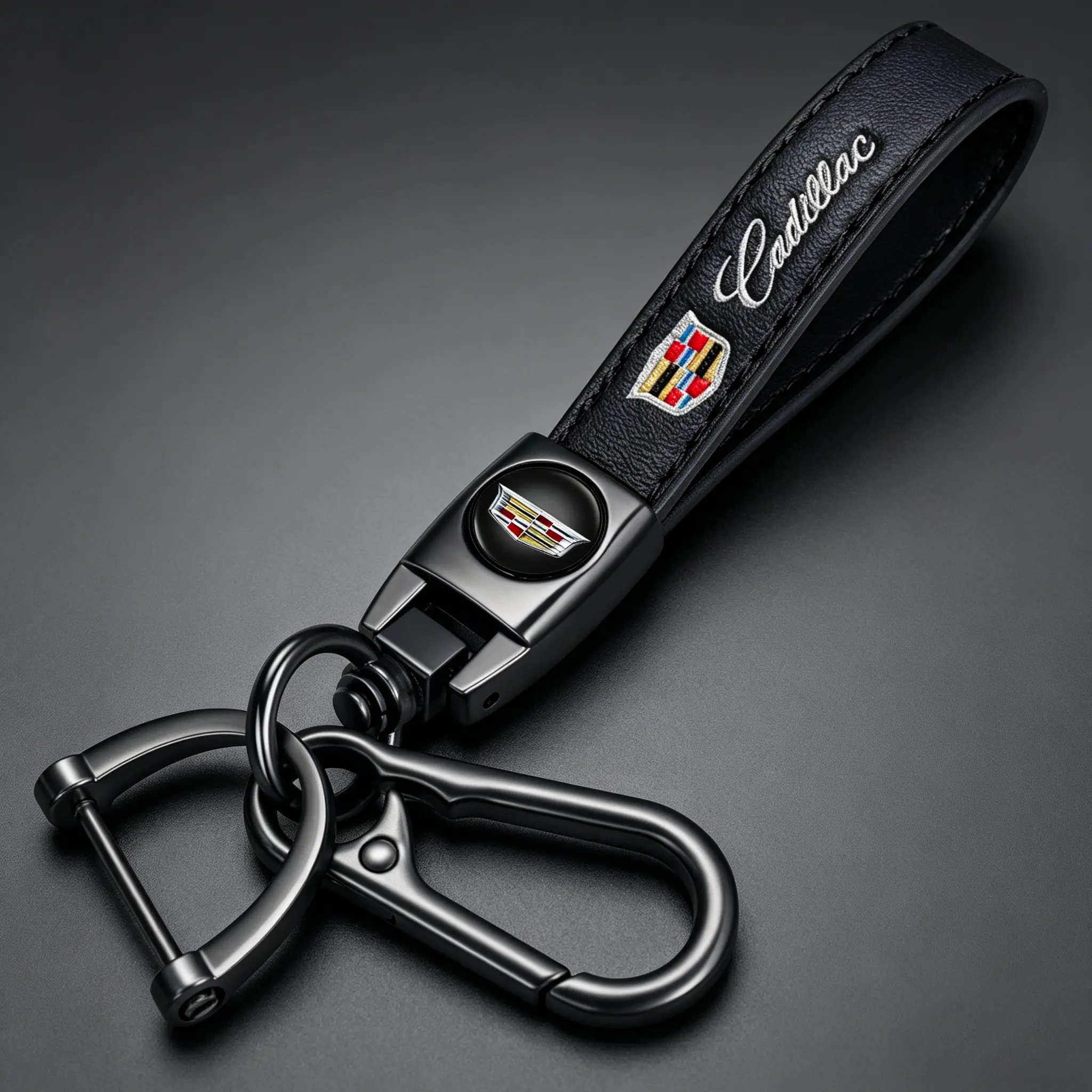 Genuine Leather Car Keychain Fit for Cadillac Escalade CT4 CT5 CT6 ATS CTS SRX XT5, Wristlet Key Ring Anti-Lost Key Fob Holder, Luxury Auto Key Accessories for Men Women, Family Holiday Birthday Gift Black Car Keychain Set zinc alloy key