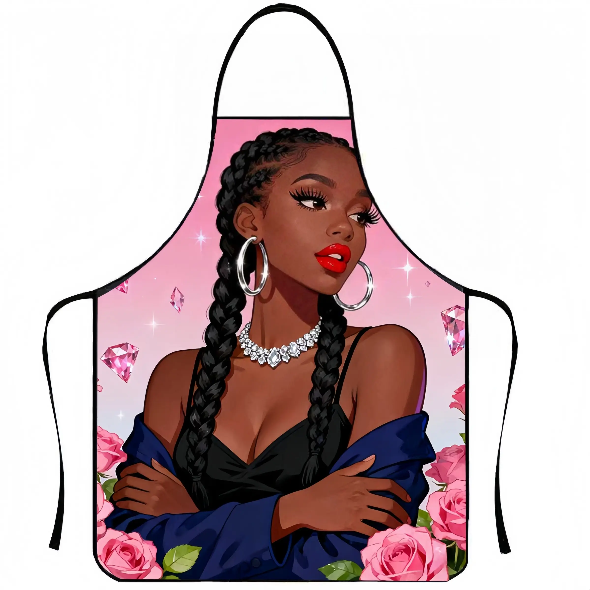 Polyester Floral Black Girl Pattern Apron, 1 Count Funny Unisex Cooking Apron, Christmas Gift, Winter Apron for Women,Thanksgiving Gift,Nails Design Tool, Christmas Decorations,Nail Tech,Nails Art,Nails Ideas
