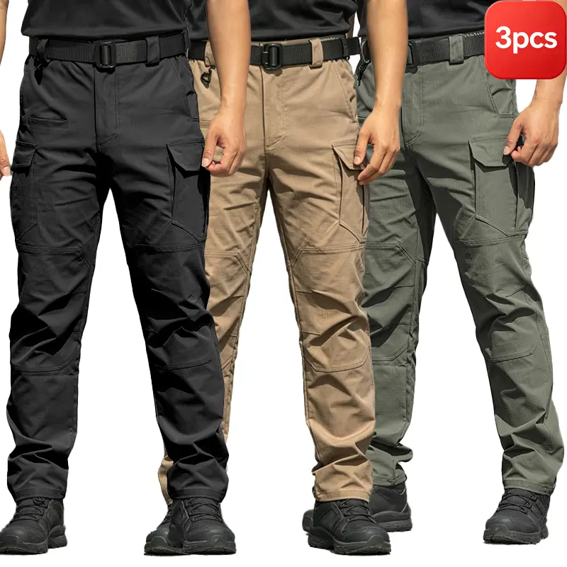 3-pack men’s wear-resistant, tear-resistant outdoor long pants—tactical cargo pants with multiple pockets, straight-leg stretch casual trousers available in various colors; ideal for hiking, commuting, and versatile everyday outdoor work; large-capacity p