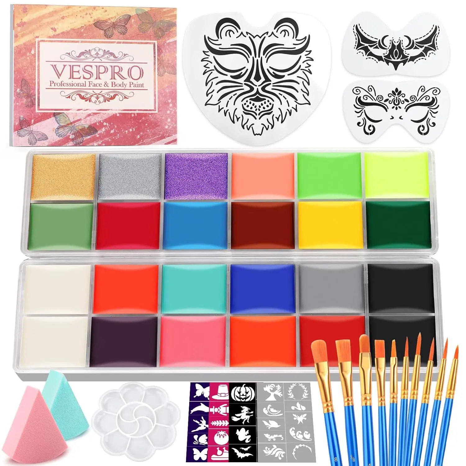 22-Color Face Body Paint Kit - Professional Non-Toxic Makeup for Halloween Body Arts, Includes Brushes, Sponges, Stencils, Cosmetic Makeup for Kids, 22 Colors, Face Painting Stencils