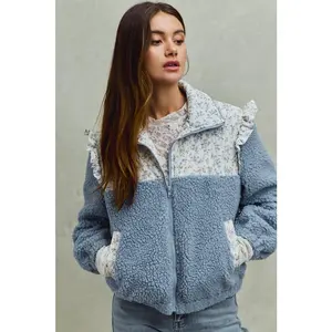 SO ME Faux Fur Sherpa Pull Jacket with Floral Contrast
