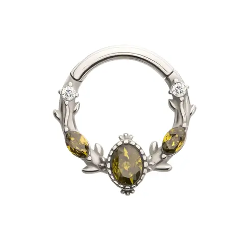 Olive Green CZ Crystal Vined Hinged Segment Clicker Ring - 316L Stainless Steel