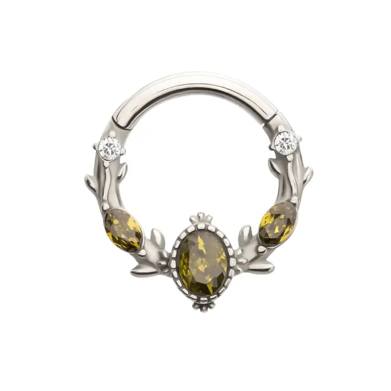 Olive Green CZ Crystal Vined Hinged Segment Clicker Ring - 316L Stainless Steel