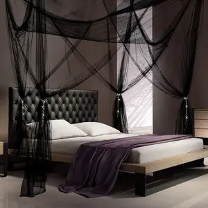 4 Corner Post Net Bed Curtains Large Netting Bedroom Decoration Curtains with 4 Pieces Tassel Pendants for Full Queen King Size Bed (Black)
