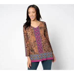 Susan Graver Reg Printed Liquid Knit 3/4 Slv V-Neck Top w/Embellishment