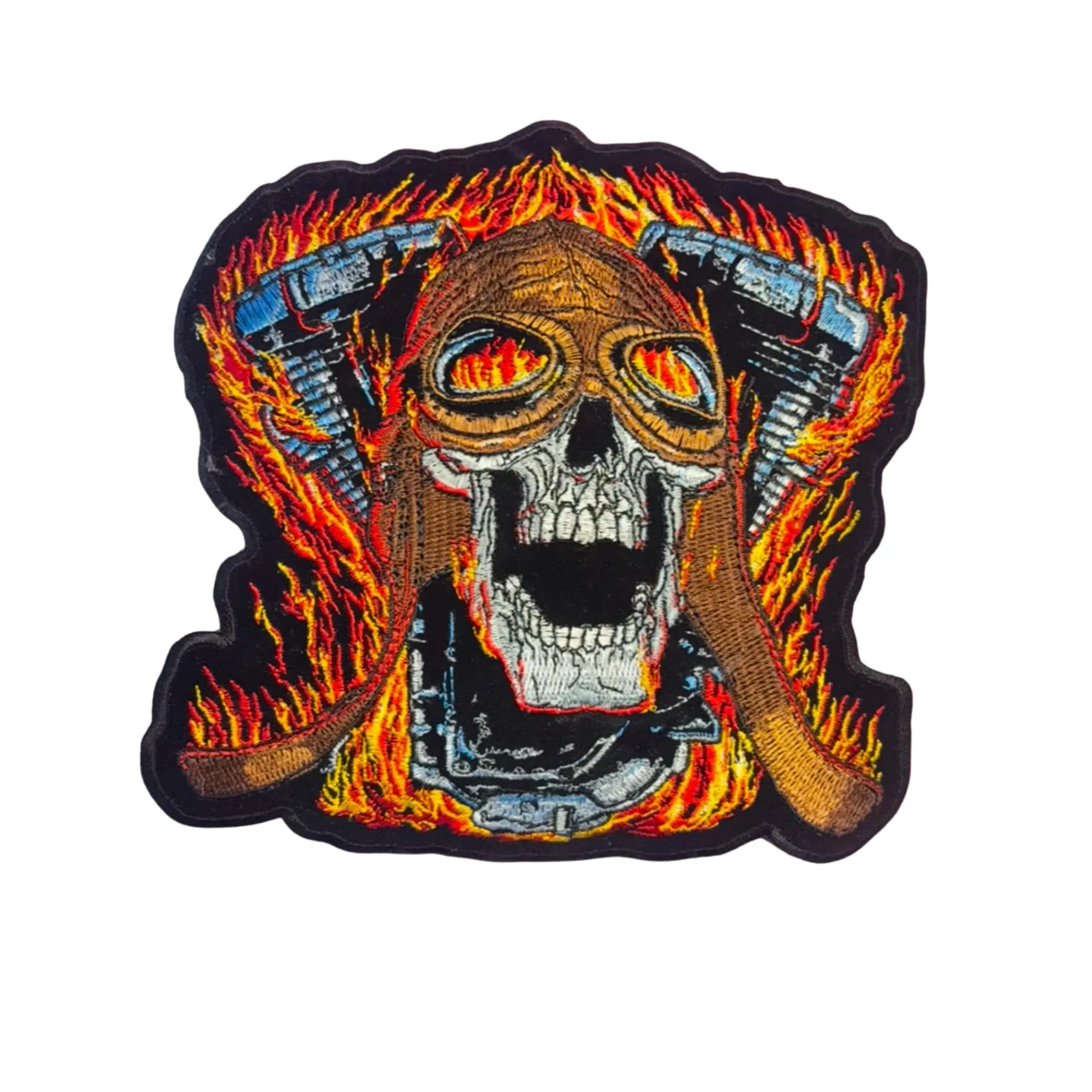 Crazy Skull On Fire V Twin Large Back Biker Patch 7.5 Inch Iron on Sew on Patch for Back of Vest