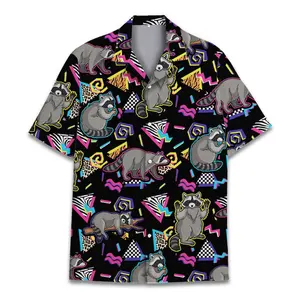 Retro Raccoon Hawaiian Shirt Menswear, Funny Aloha Tops Summer Outfit Men, Casual Shortsleeve Classic Tropical Polyester Stylish Streetwear