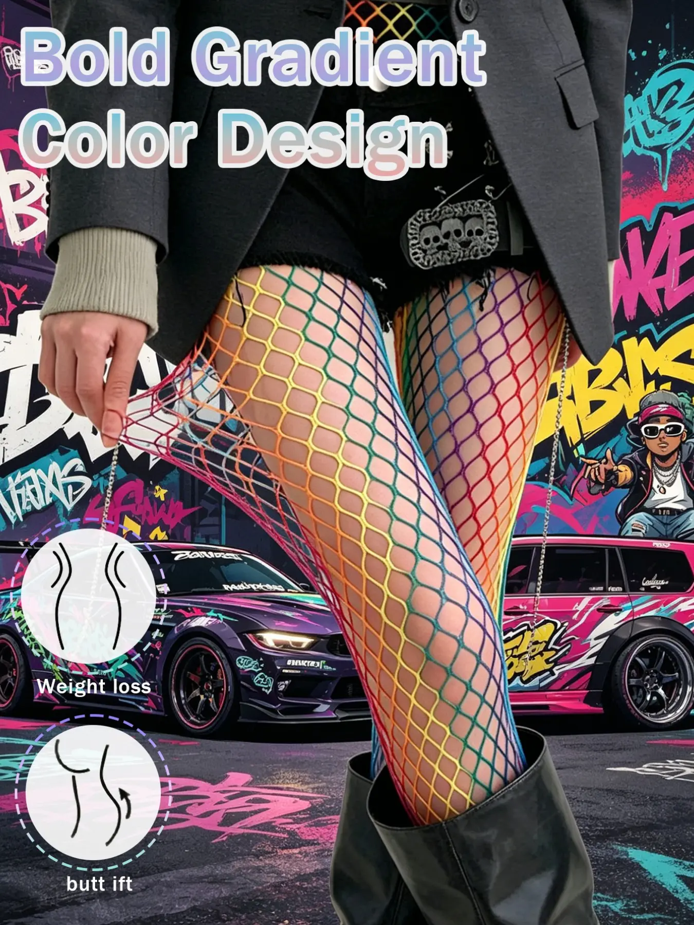 1 Pair Women's Rainbow Gradient Fishnet Tights, Y2K Dopamine Color-Block Pantyhose, Punk Alt Style Leggings, Perfect for Parties, Raves, Streetwear & Daily Edgy Outfits 1 Piece