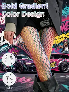 1 Pair Women's Rainbow Gradient Fishnet Tights, Y2K Dopamine Color-Block Pantyhose, Punk Alt Style Leggings, Perfect for Parties, Raves, Streetwear & Daily Edgy Outfits