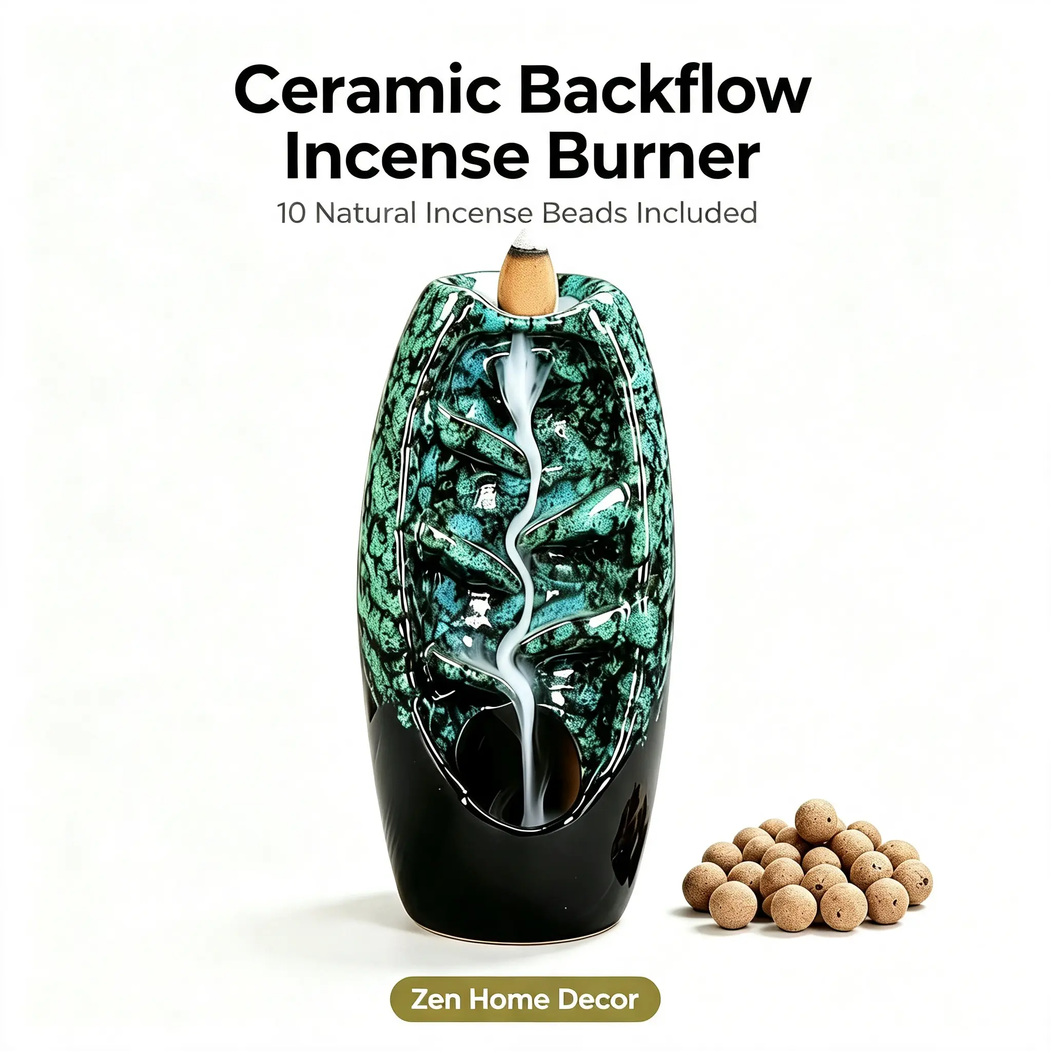 Left and Right Prosperity Backflow Incense Burner, Ceramic Waterfall Incense Holder with 10 Free Incense Cones, Handmade Kiln Glaze Backflow Incense Fountain for Home Tea Room Yoga Meditation Desktop Decor Gift