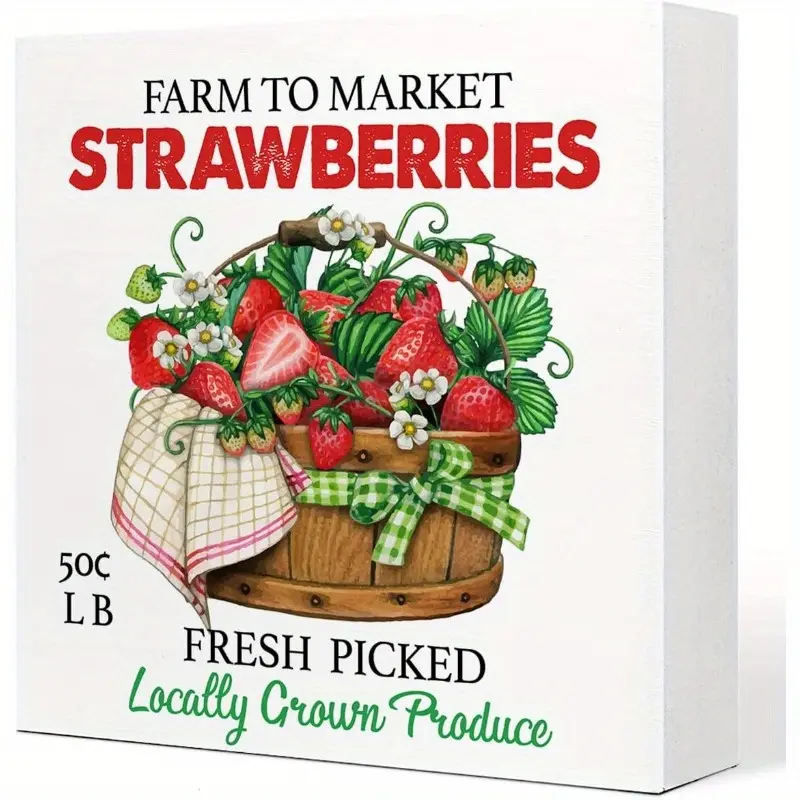 Summer Desk Decor, Farm to Market Strawberries Wooden Plaque Sign Desk Decor, Rustic Strawberry Wood Block Sign Desk Decorations for Summer Home Kitchen Farm Garden Shelf Table Decor 5x5 inch