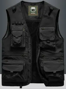Men's Plain Color Multi-Pocket Sleeveless Zipper Vest Jacket Gilet, Casual Street Style Hollow Out Design, Breathable & Quick-Dry Fabric