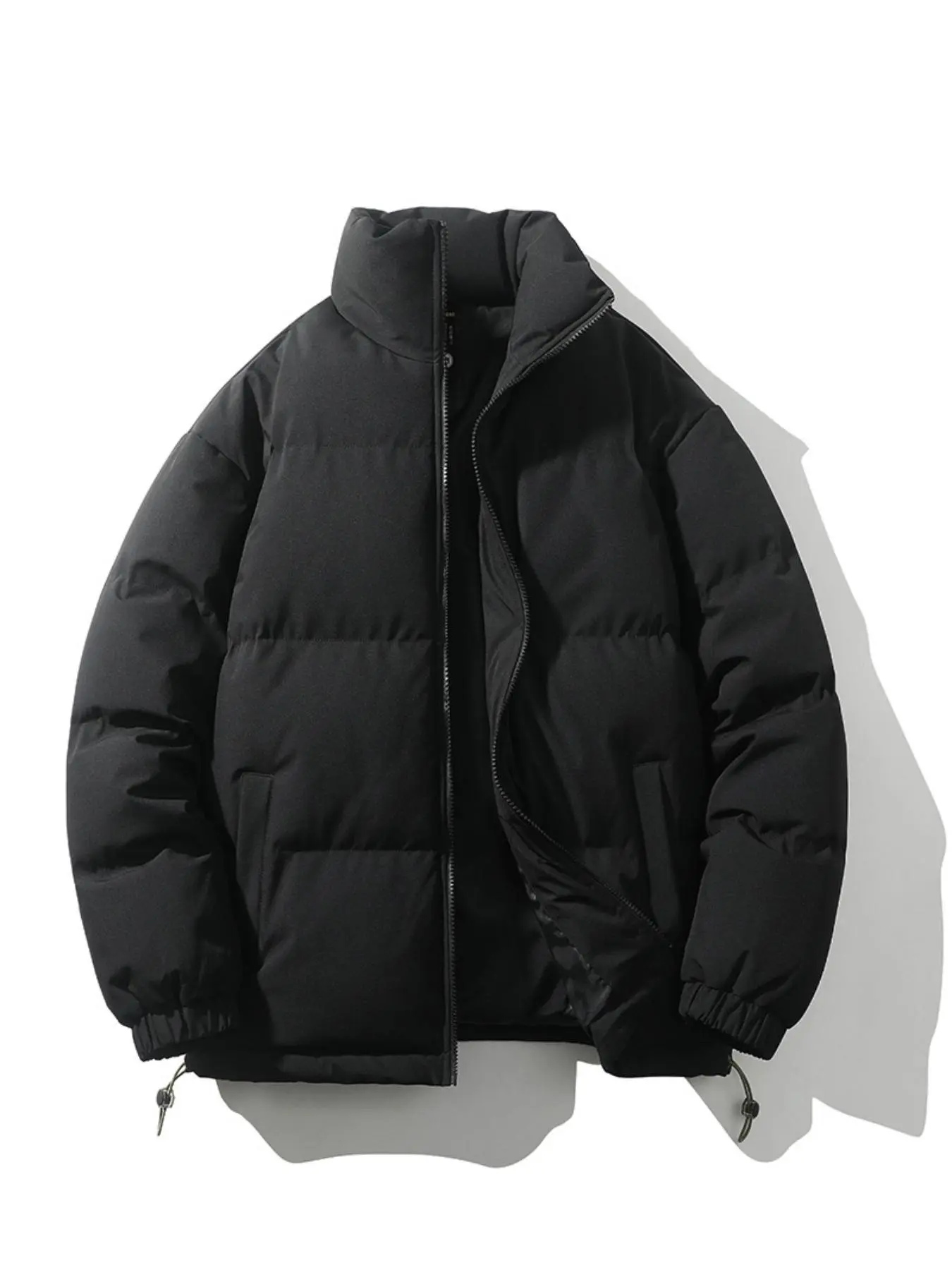 Men's Solid Zip Up Drawstring Down Jacket, Casual Thermal Pocket Funnel Neck Outwear for Fall & Winter, Streetwear, Winter Thick Jacket, Essentials Puffer Coat