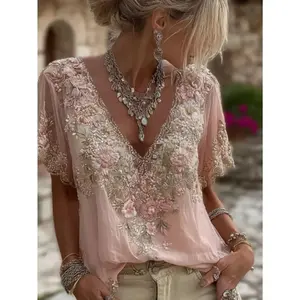 Women's elegant off shoulder short sleeved top, 3D printed jacquard design, summer and autumn fashionable women's shirtRAIMENTRY