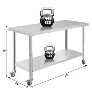 GARVEE Commercial Heavy Duty Work Table with Caster Wheels, Stainless Steel Kitchen Prep Table with Hooks and Adjustable Height Shelf for Garage, Outdoor, Home and Hotel (60" x 24")