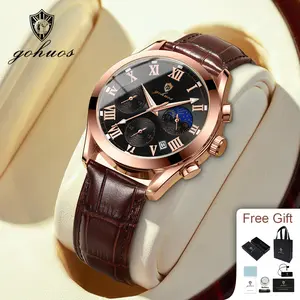 GOHUOS Watch for Men Leather Casual Chronograph Analog Dress Strap Waterproof Luminous Fashion Easy to Read Gold Case Mans Watches
