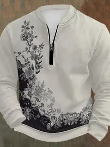 Men's Floral Print Zip Up Hooded Sweatshirt, 2024 New Style Regular Fit Casual Long Sleeve Hooded Top for Fall & Winter, Men's Clothes for Daily Wear