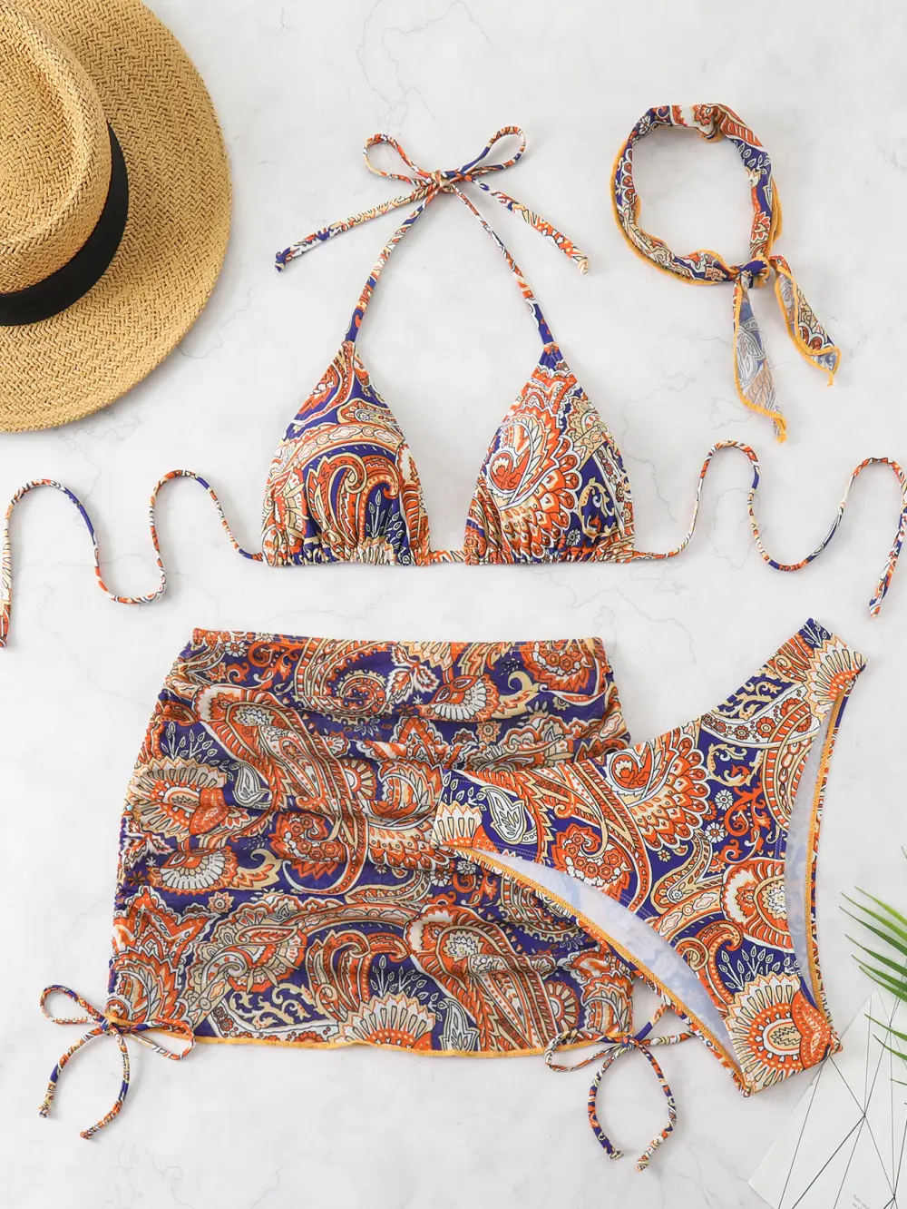 Women's Bohemian 3-Piece Bikini Set - Halter Top, High-Cut Bottom, Side-Drawstring Cover-Up Skirt for Beach Surfing Swimming