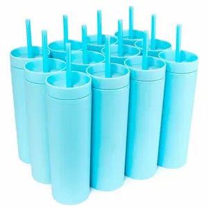 12 Blank Sky Blue Skinny Sky Blue Tumblers 16oz Colored Pastel Acrylic Matte Plastic Cups in Bulk w/Lids, Straws, Cleaning Brush! DIY Customizable - Tumbler for sublimation, Blank Sublimation Tumbler, Blank Tumbler