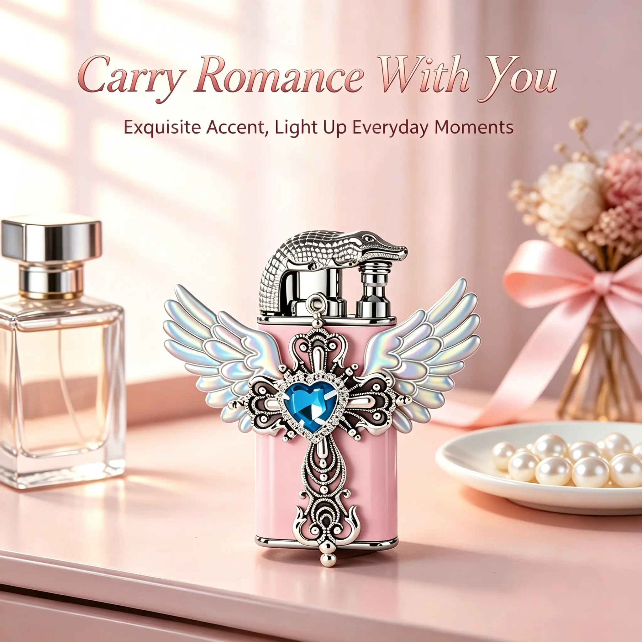 Women's Butane-Free Reusable Windproof Camping Lighter - Kitchen Fire Starter with Colorful Wings, Heart-Shaped Gemstone Cross Decoration, Ideal Gift Choice