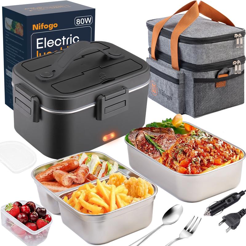 80W Fast Heating Nifogo Electric Lunch Box 1.8L Stainless Steel Double Layer Insulation Portable Display Screen 12V 24V 110V Square Black for Car Truck Office Construction Site