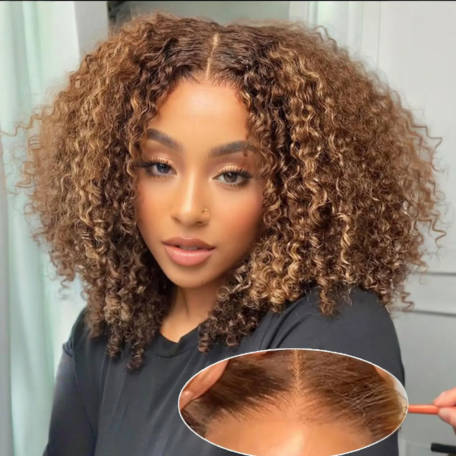 Kinky Curly Glueless Wig Ombre Honey Blonde Highlight 4/27 Wigs 13x4 Transparent Lace Wig Human Hair Pre Plucked Natural Hairline for Women 250% Density
