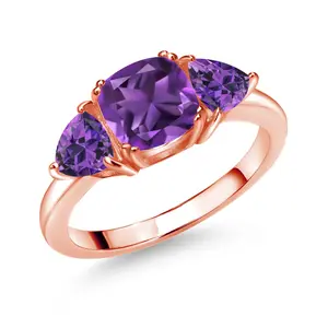 Gem Stone King 18K Rose Gold Plated Silver Gemstone Birthstone 3-Stone Engagement Ring for Women | 7MM Cushion and 5MM Trillion | Three Stone Promise Anniversary Wedding Ring | Sizes 5-9