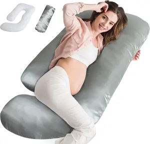 Cooling Satin Pregnancy Pillow with Removable Silky Luxurious Cover, 60 Inch Cozy J-Shape Full Body Maternity Pillows Nursing Pillow Gifts for Pregnant Women Side Sleepers Sleeping Abdominal Lumbar Neck Back Leg Support, Solid Grey #TiktokshopStockUp