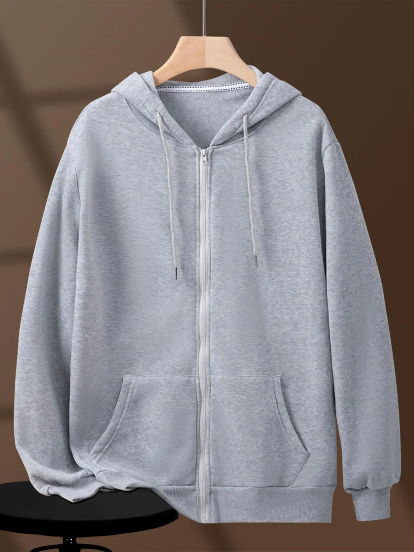 Essentials Hoodie Loose Solid Drop Shoulder Long Sleeve Zip Up Essentials Hoodie, Plain Drawstring Pocket Hooded Sweatshirt for Daily Holiday Outdoor