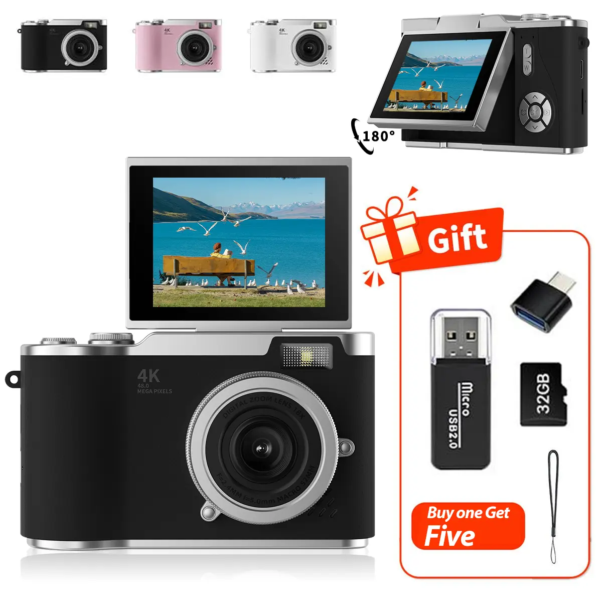 Flip-Screen CCD Style Digital Pocket Camera for Beginner Students Teenagers, Portable Selfie Compact Camera with 32G Memory Card, Card Reader, Converter Plug-in and Lanyard, Perfect Gift for Back to School Season