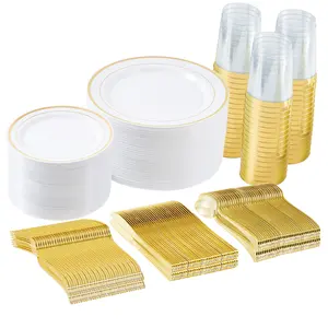 Gold-Silver Rim Disposable Plastic Dinnerware Set - Complete Plates, Cups, Cutlery Kit for Party Events