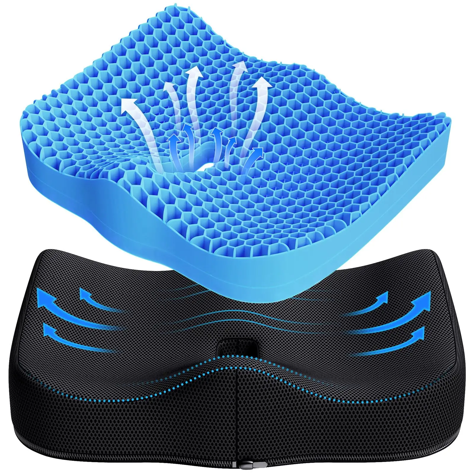 Benazcap Gel Seat Cushion - Large Double Thick Ergonomic Cushion for Pressure Relief & Coccyx Pain Relief - 3D Honeycomb Design - Premium TPE Material