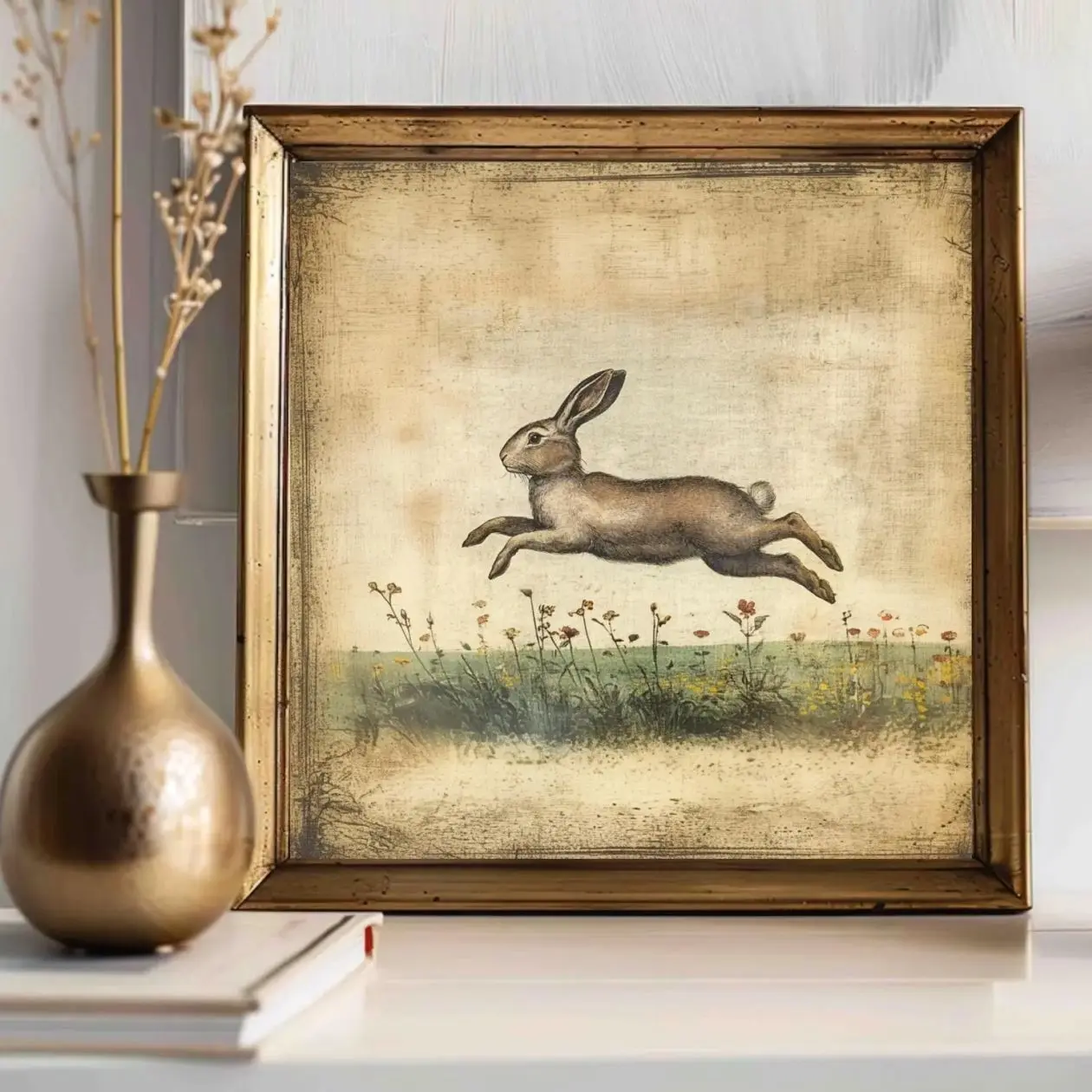 Vintage Leaping Bunny Print, Spring Easter Wall Decor, Rustic Rabbit Design, Cottagecore Vintage Farmhouse, Nostalgic Bunny Matte Wall Art