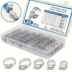 50 Stainless Steel Hose Clamps Kit, Fits 1/4" to 1-1/8" T-Bolts, Worm Gear Design, Ideal for Piping and Automotive Use, Industrial Hydraulic Accessories