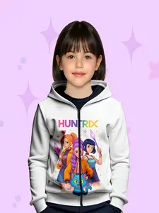 Girls' Fall Winter Hooded Sweatshirt, Zipper Cartoon Design, Soft Comfortable Outdoor Wear, Perfect Gift for Holidays Birthdays, Graphic Casual Hoodie