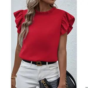 CalvayaMockNeckFrillTrimRuffleBlouseForNewYearClothes