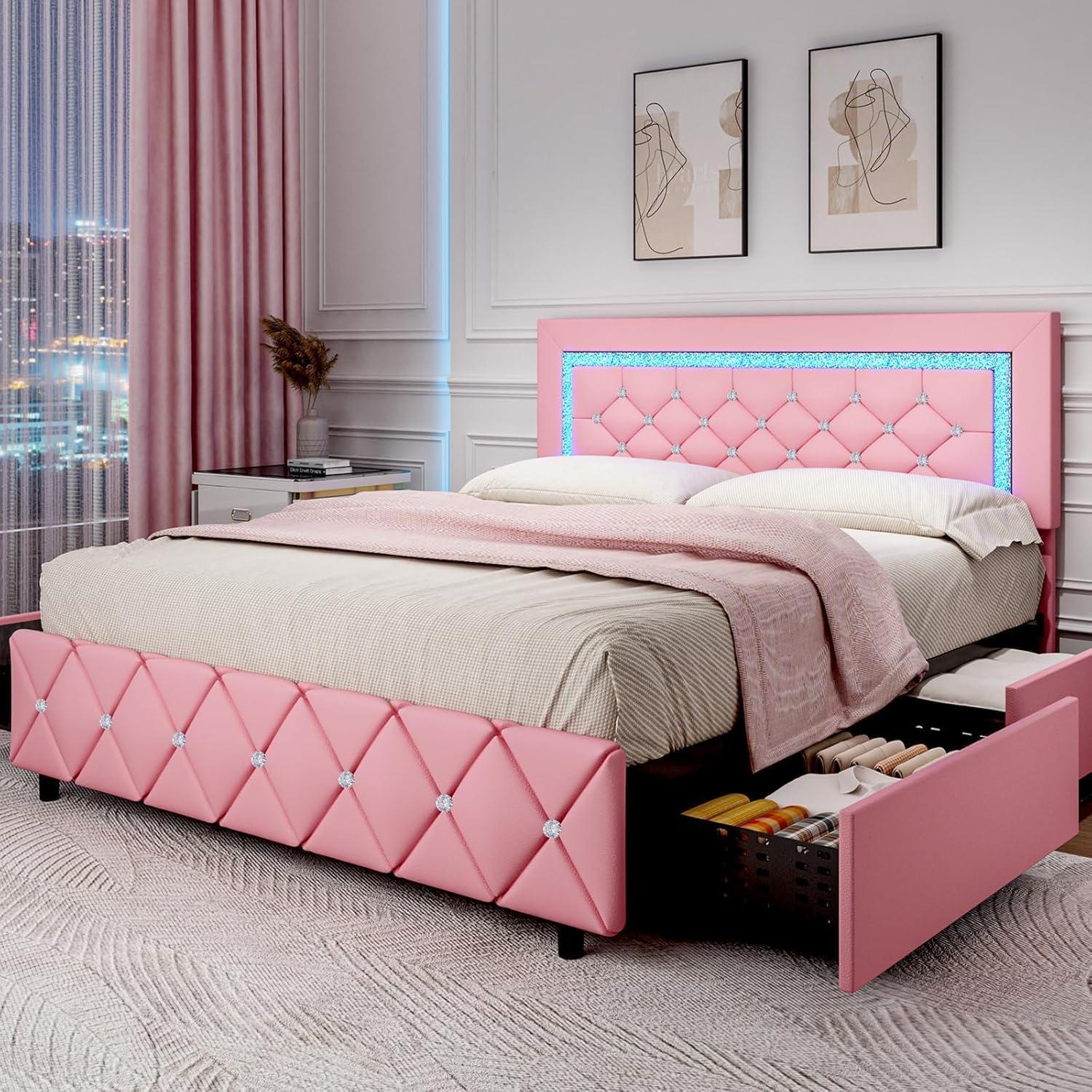 HOMBCK Bed Frame with Lights and Drawers, No Mattress, Diamond Headboard, Faux Leather, Modern Style, No Box Spring Ne