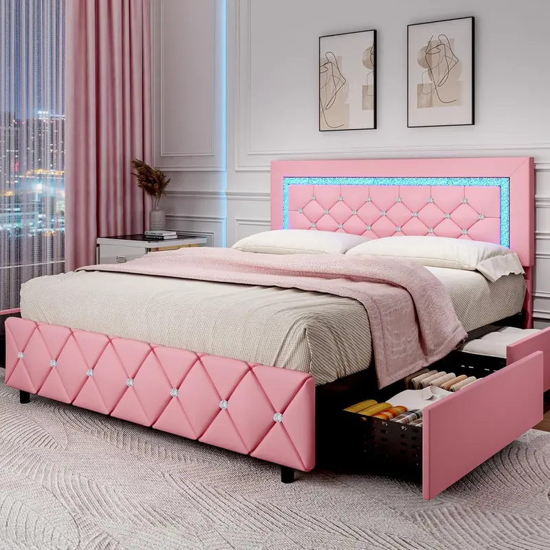 HOMBCK Bed Frame with Lights and Drawers,  No Mattress,  Diamond Headboard, Faux Leather, Modern Style, No Box Spring Needed, Easy Assembly