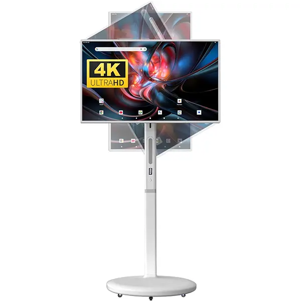 KVKID 32 Inch UHD 4K Portable Smart TV on Wheels, 8GB + 128GB Storage, Android 15 OS, Rolling TV with Rotatable Touch Screen, Camera and Stand, Full Swivel Rotation, Voice Remote for Home, Outdoors