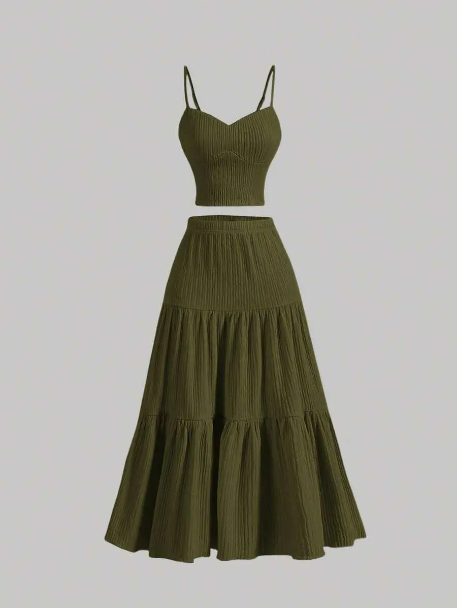 Women’s Solid Woven Crop Cami Top and A-line Skirt Two-piece Set Womenswear, Casual Fashion Cozy Two Piece Outfits for Daily Outdoor Wear, Summer Ladies Clothes Set