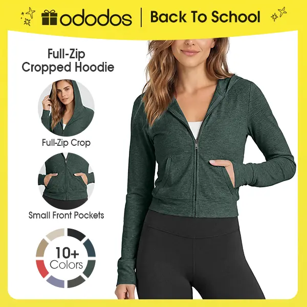 ODODOS Women's Full-Zip Cropped Zip Up Hoodie - odSTRATUM Tech Lightweight Quick Dry Light Jersey Fabric, UPF 50+ Breathable Ultra Soft V-Neck Hooded Jacket with Pockets, Elastane-Polyester Blend, Logo Tag, Machine Wash, Casual Athletic Wear, Zipper, Than