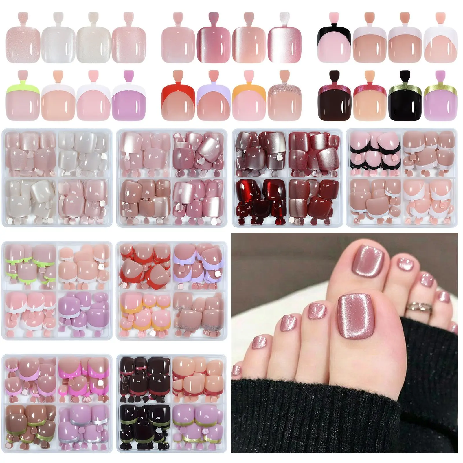 96pcs/Box French/Cat Eye Toe Nail Stickers Y2K Square Nail Tips Toe Press On Nails Pre-Designed Soft Gel Thickened Fake Toenails