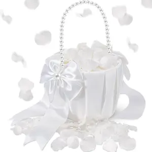 1 Set Wedding Flower Girl Basket and Real Petals Set Ivory Flower Girl Basket with Pearl Handle True Dried Hydrangea for Wedding Bridal Party Romantic Night Proposal Anniversary Decoration