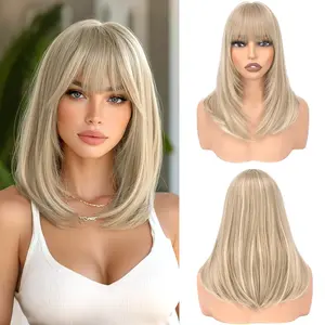 Blonde Bob Wigs with Bangs Shoulder Length Straight Natural Looking Synthetic Heat Resistant Medium Hair Wigs for Women Daily Party, 16 Inch Dirty Blonde