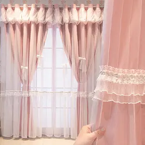 Double Layer Lace Embroidery Thermal Insulated Curtain, French Princess Style Print Patchwork, Insulation Room Shade, Perfect for Living Room and Bedroom Decor
