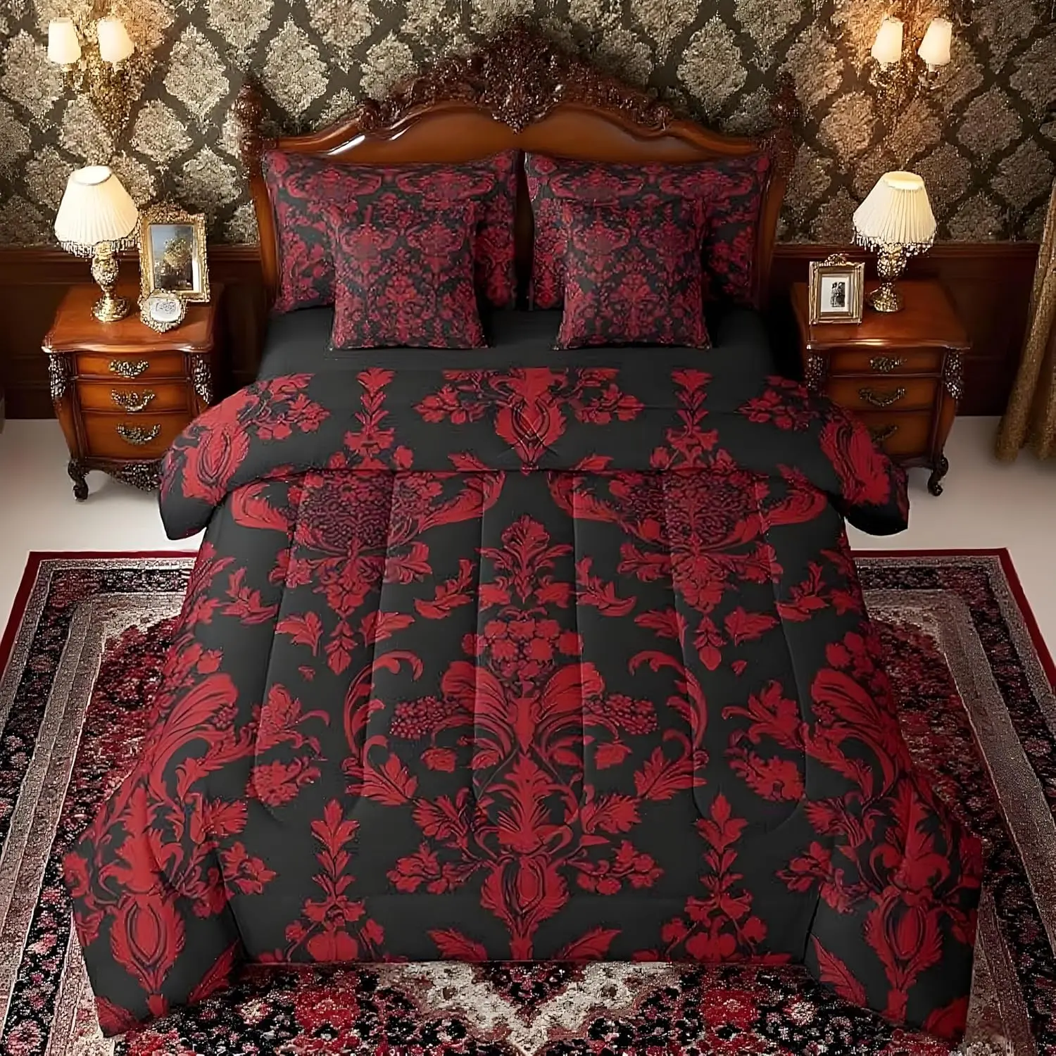 Feelyou 7-Piece Red Black Vintage Damask Floral Bed Comforter Set with Sheets, Oriental Gothic Bohemia Decorative Bedspread Set, Bed-in-A-Bag, Bohemian Quilt Set, Decorative Bedding Set